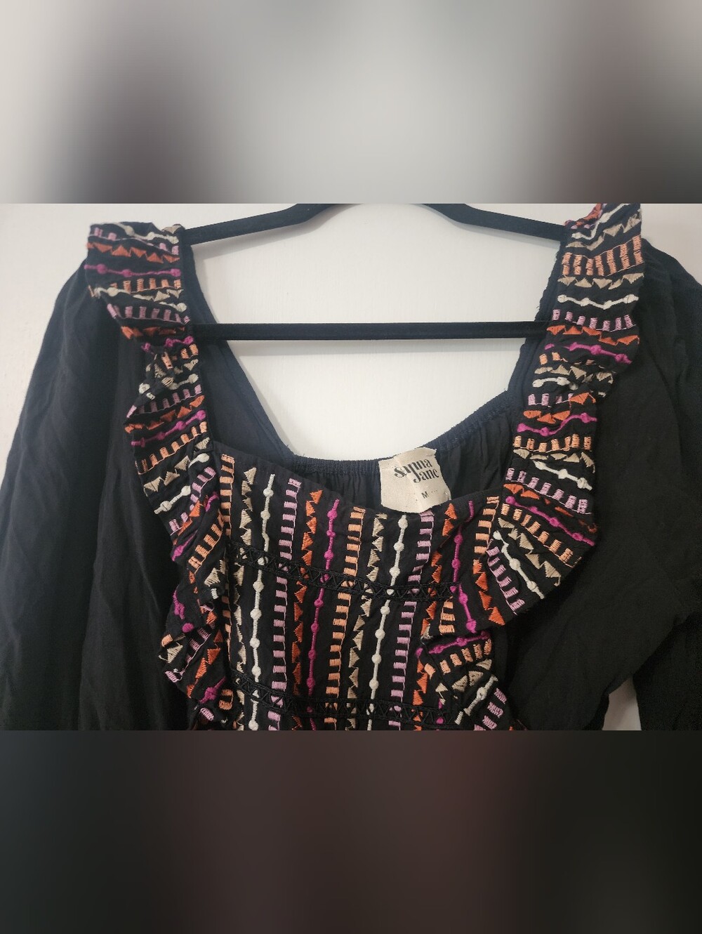 Savanna Jane Womens M Black Long Sleeve Embroidered Boho Peasant Ruffle Blouse - Picture 2 of 5